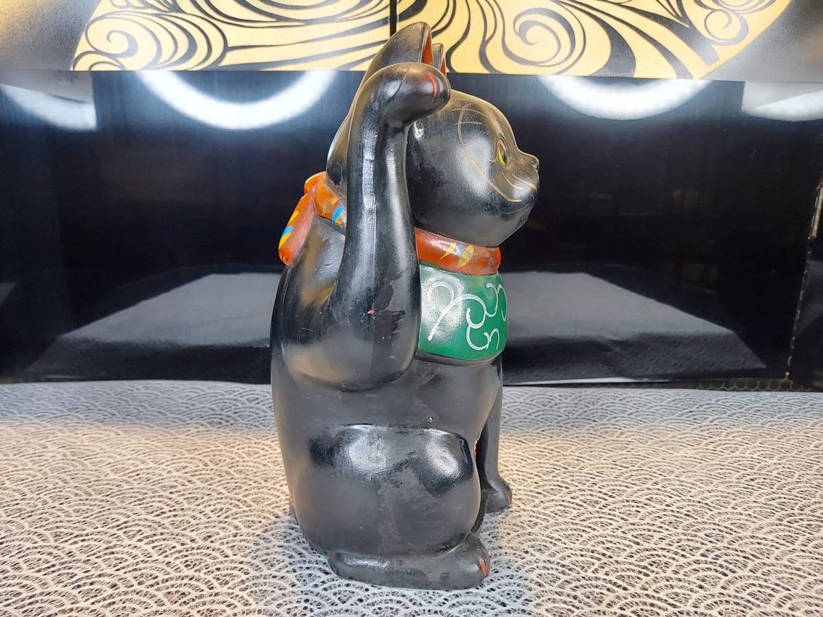 K03-0710 アンティーク 親子招き猫 黒猫 緑仔猫 民藝 陶製 縁起物 置物