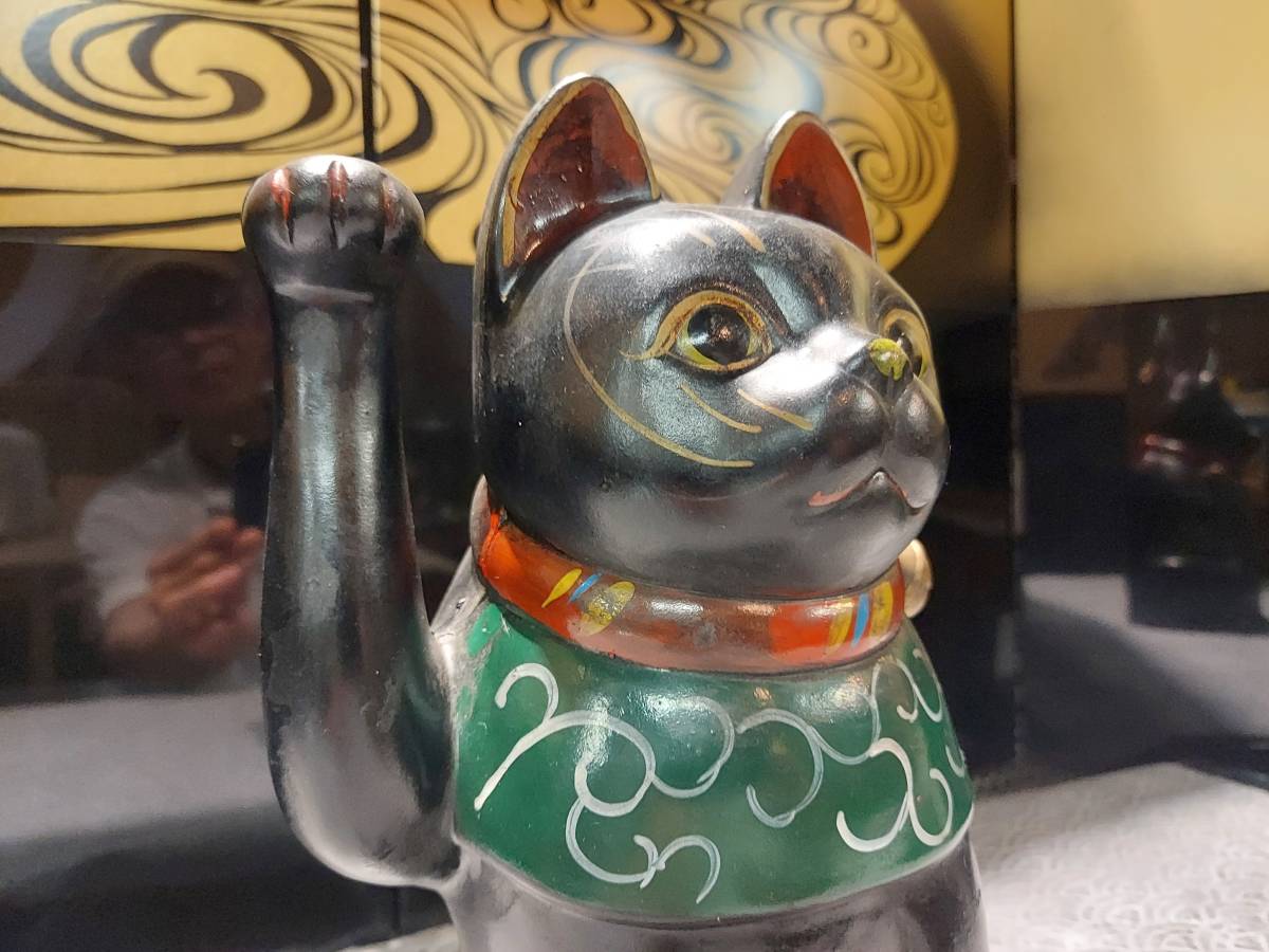 K03-0710 アンティーク 親子招き猫 黒猫 緑仔猫 民藝 陶製 縁起物 置物