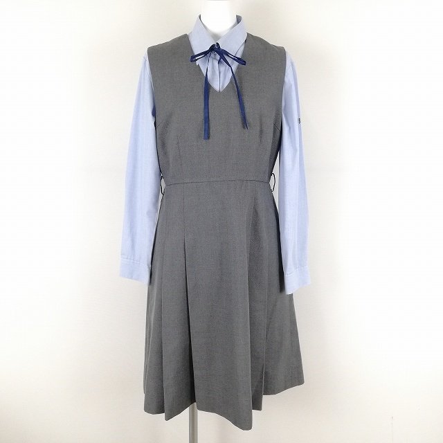 1円 ジャンパースカート 紐タイ バスト86 ウエスト76 冬物 女子 学生服 兵庫常陽中学 グレー 制服 中古 ランクC NA9144