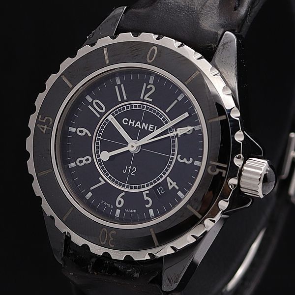 1円 シャネル QZ J12 200M 黒文字盤 デイト ラウンド レディース腕時計 0022110HSY