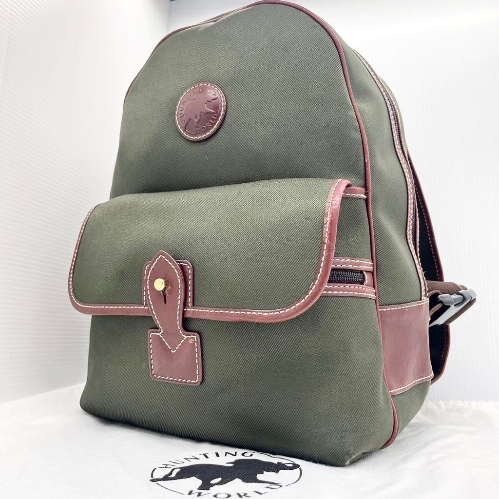 071508 ●超美品●HUNTING WORLD ハンティング・ワールド メンズ サファリ キャンバス カーフ レザー 本革 リュック サック 茶 カーキ A4 
