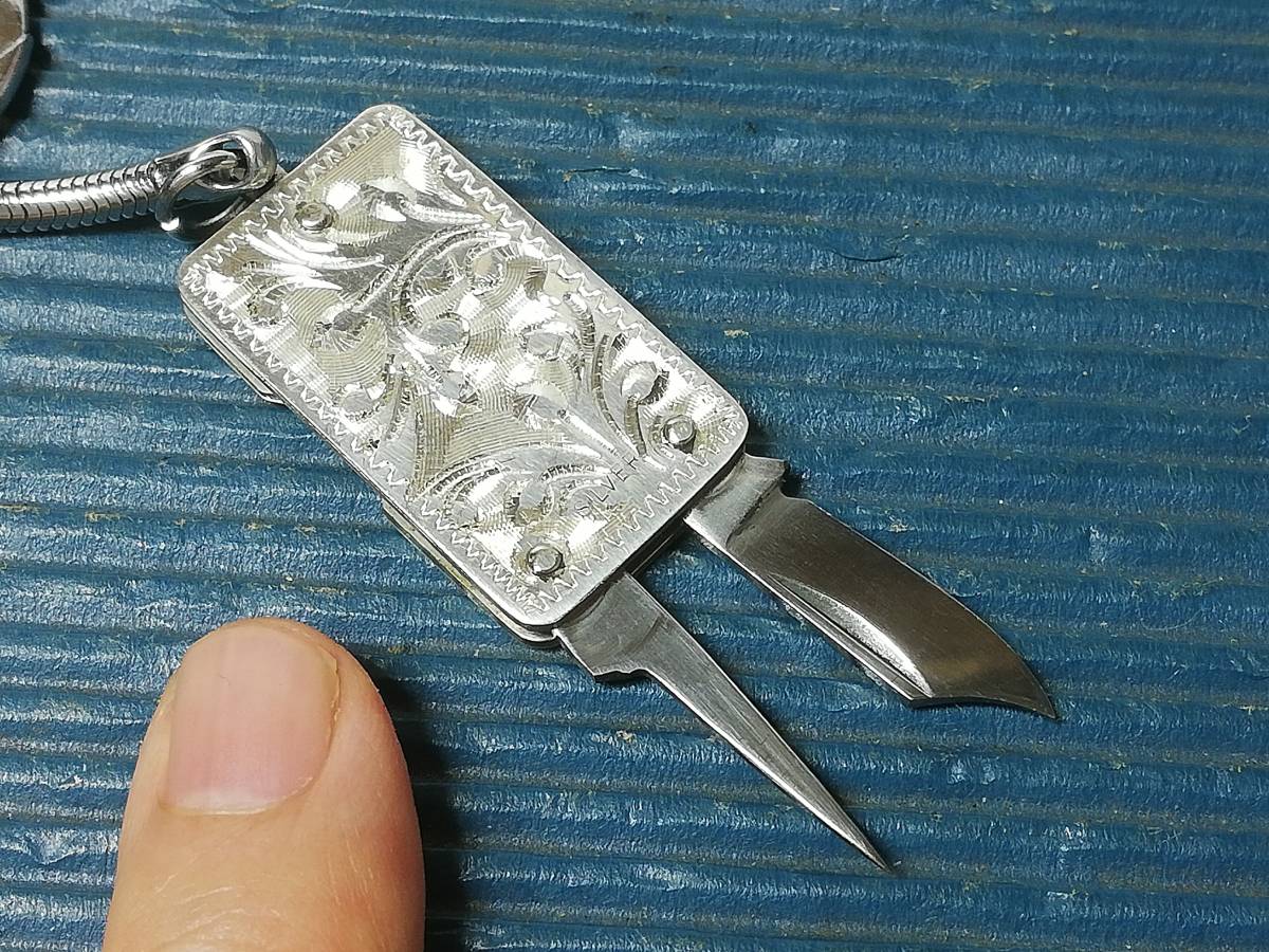 藤本ナイフ工房製 角型ミニナイフ キーホルダー2丁出 銀張 ペンダント
