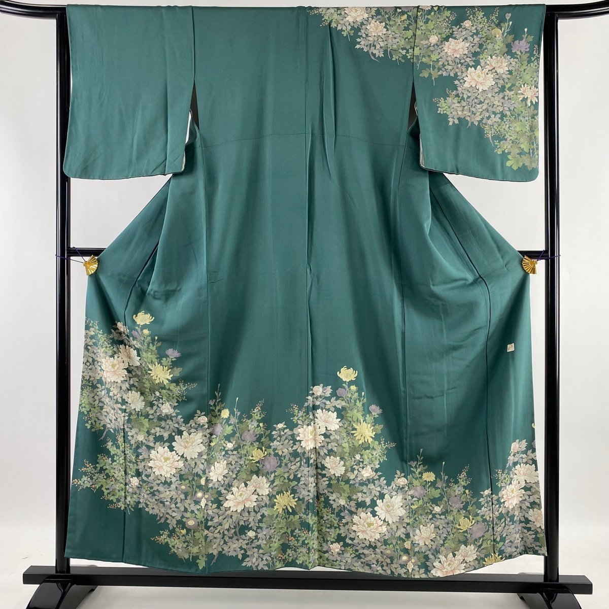 訪問着 名品 落款 草花 金彩 青緑 袷 身丈155cm 裄丈64cm M 正絹 【