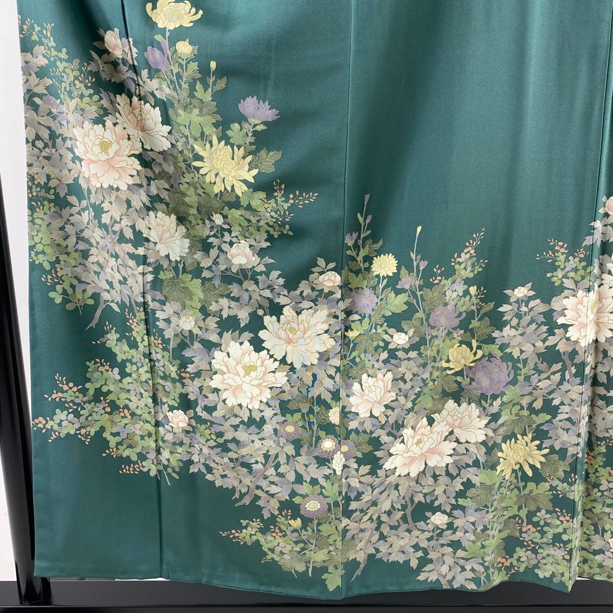 訪問着 名品 落款 草花 金彩 青緑 袷 身丈155cm 裄丈64cm M 正絹 【