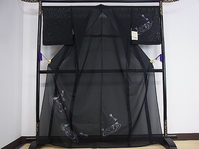 訪問着 黒地 絽 平和屋着物＊夏物 草花文 正絹 逸品 手描き 金銀彩