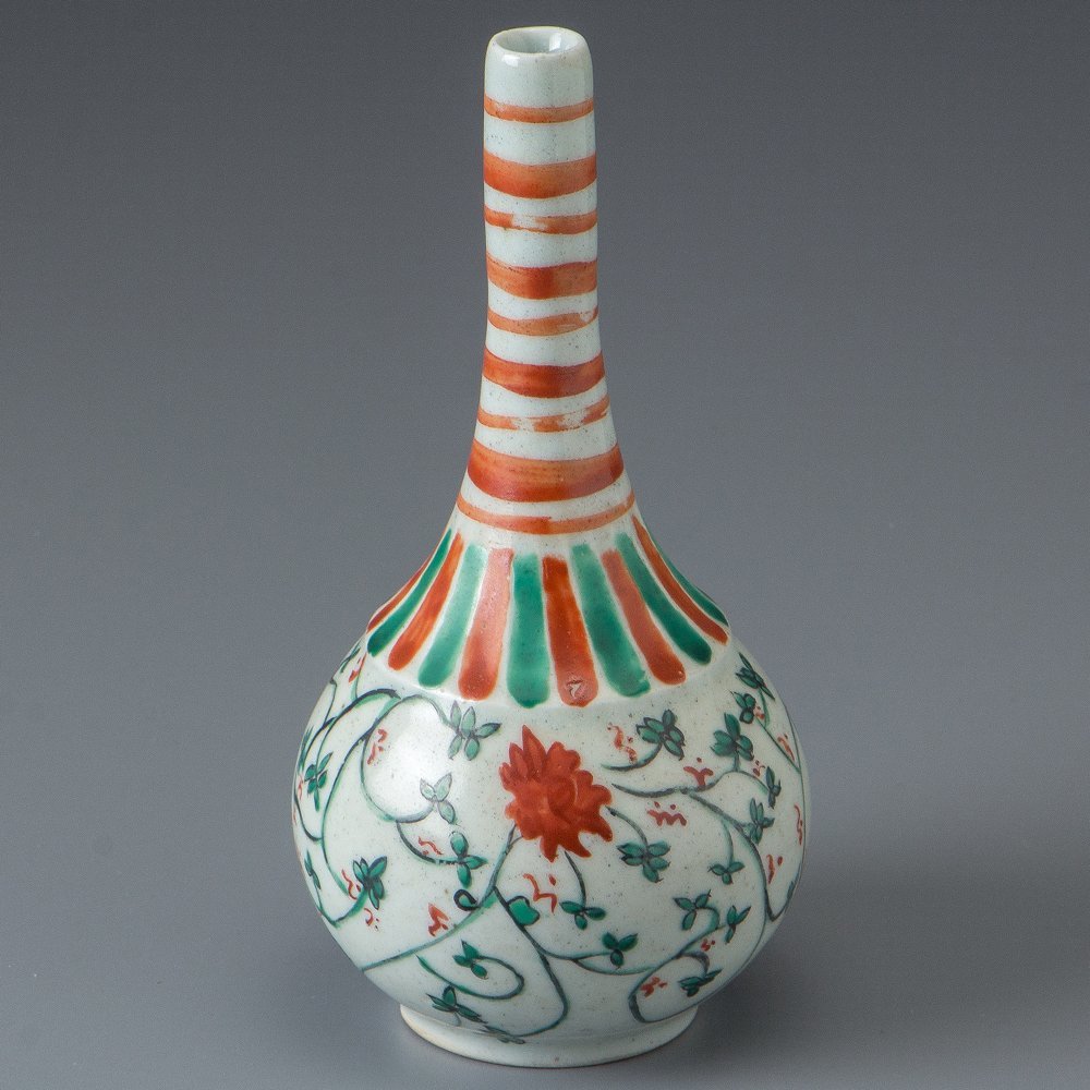古伊万里　色絵　鶴首　赤絵草花図　徳利　花入　花器 花瓶 花生 古美術 古伊万里 色絵 鶴首 赤絵草花図 徳利 花入 花器 花瓶 花生 古美術