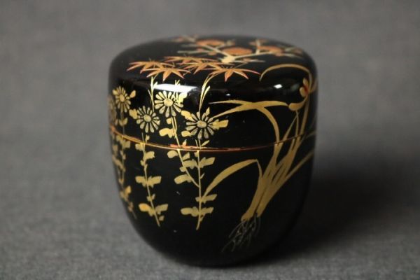 茶道具 金蒔絵 四君子文 内朱 棗 直径6.7cm◇茶器/茶具/御手前/野点/濃