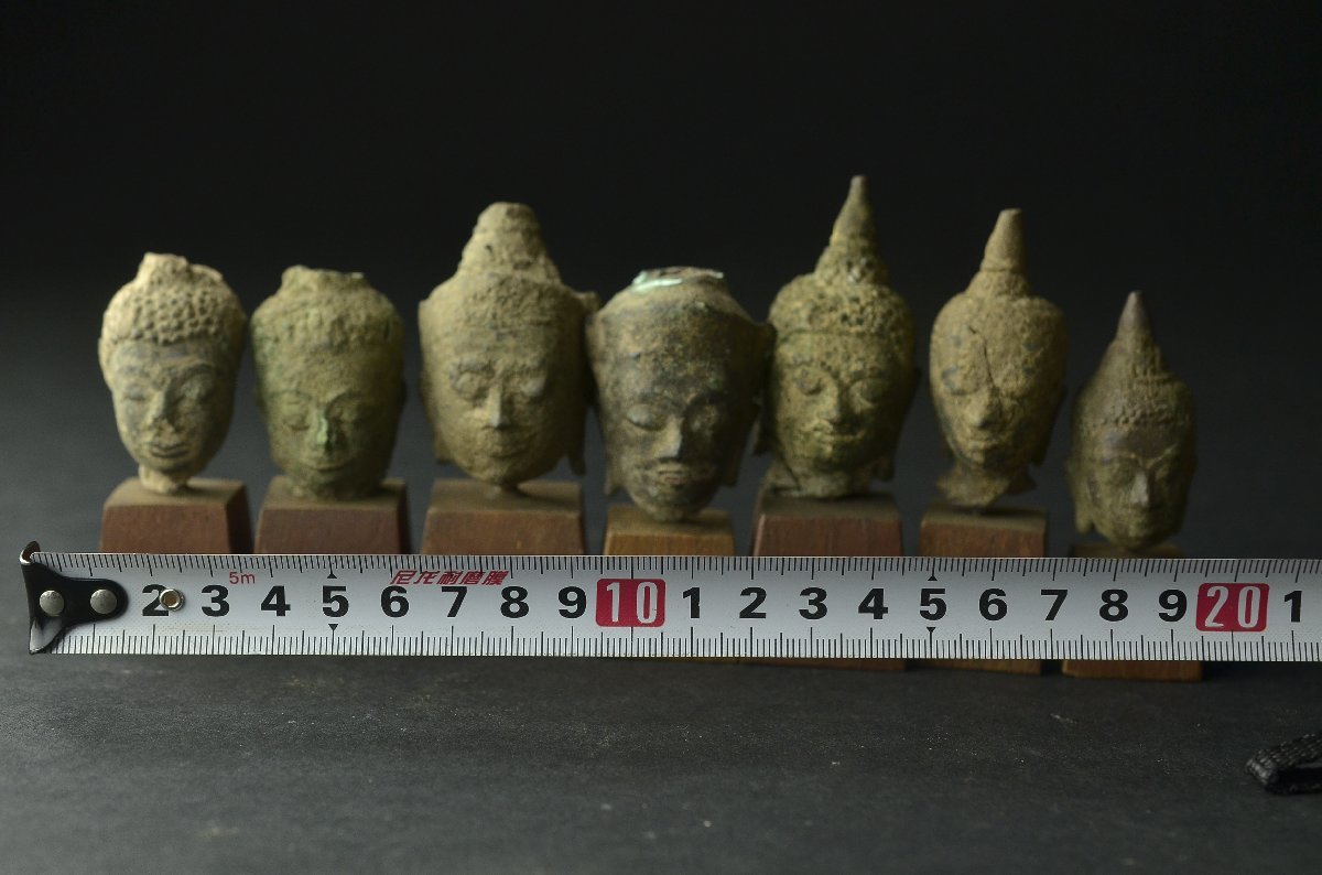 YB】18世紀 古代・タイ アユタヤ仏頭七件組・七点・桐箱付属 ☆仏教