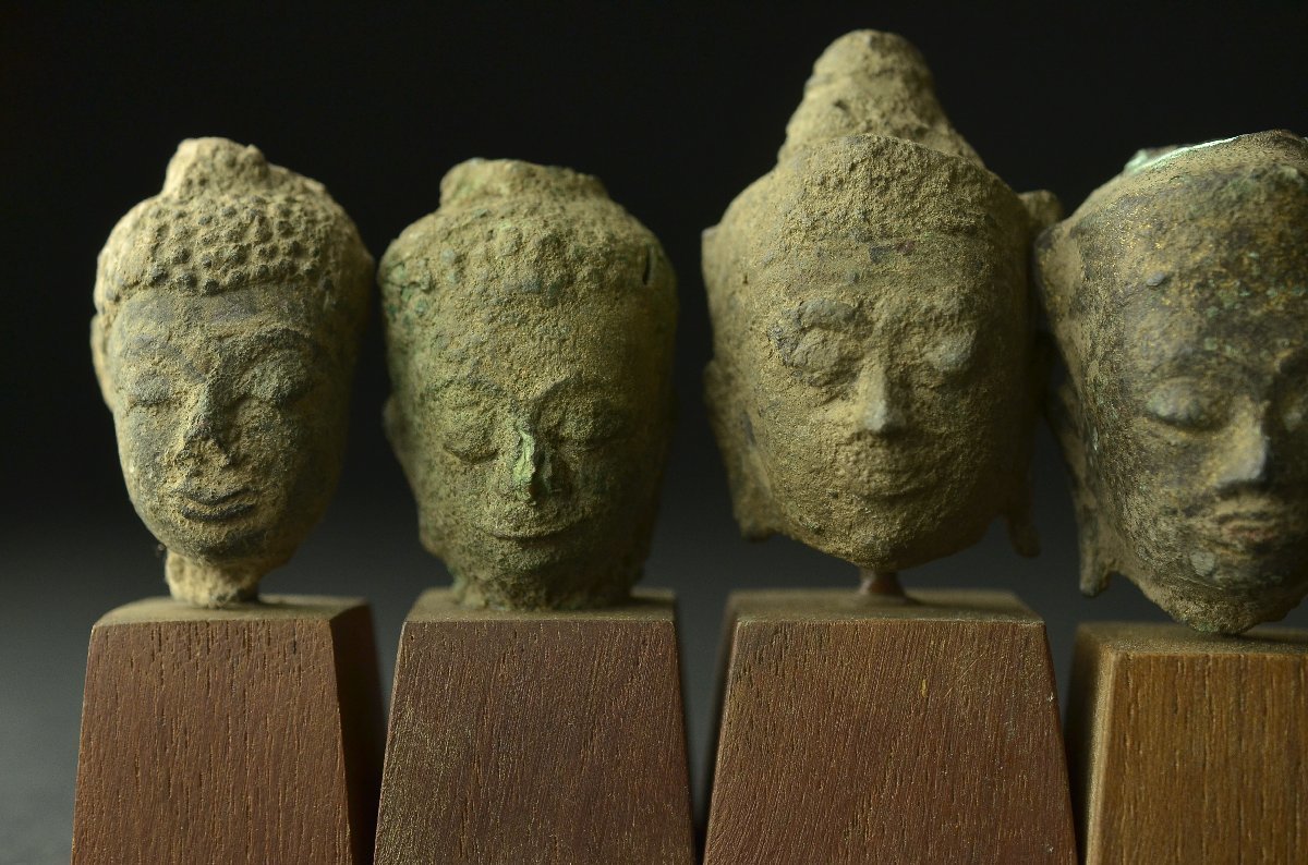 YB】18世紀 古代・タイ アユタヤ仏頭七件組・七点・桐箱付属 ☆仏教