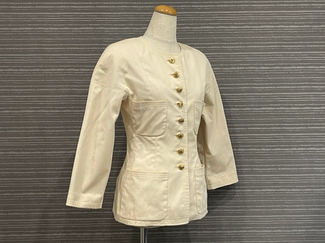 シャネル CHANEL ヴィンテージ ココボタン ノーカラー コットンジャケット ベージュ系 サイズ34 USED品