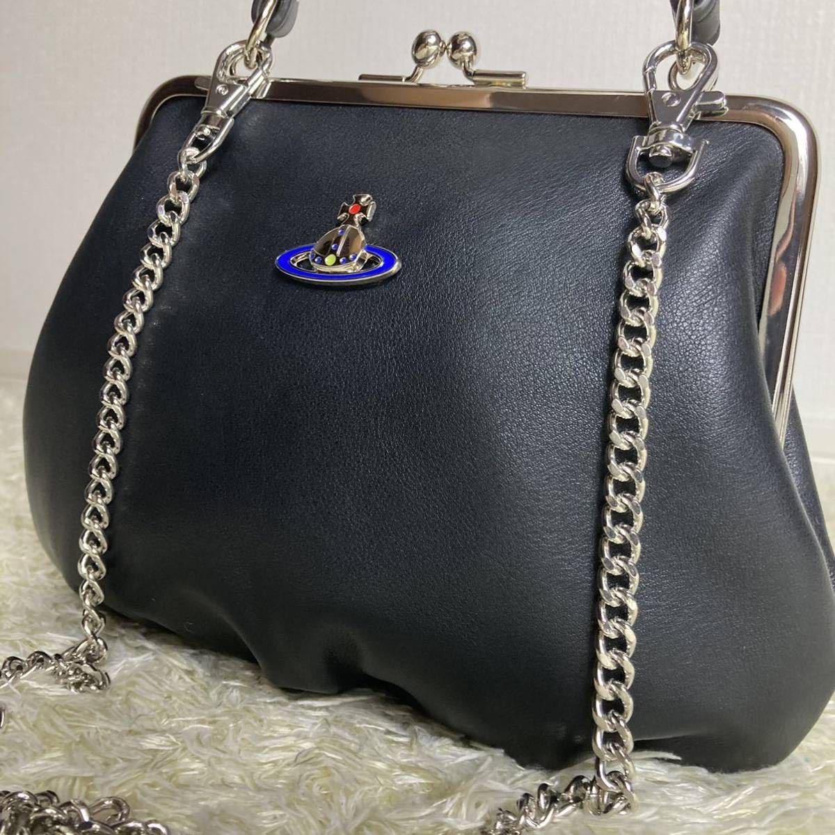 1円 【極美品】ヴィヴィアンウエストウッド　vivineenwestwood がま口 チェーン ショルダーバッグ ハンドバッグ 黒 オーブ エマ