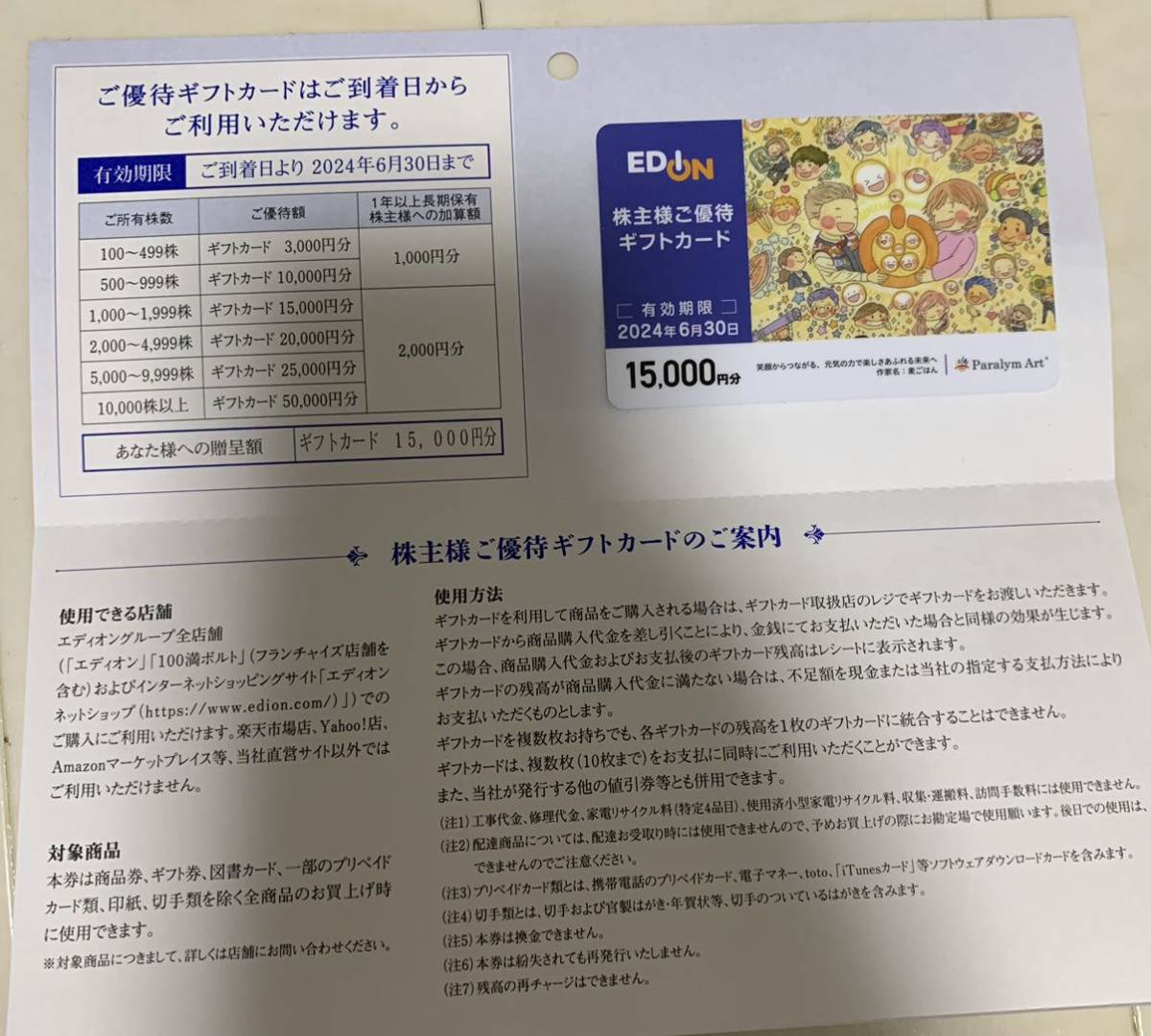 エディオン株主優待 15000円分 2024年6月30日まで エディオン 株主優待