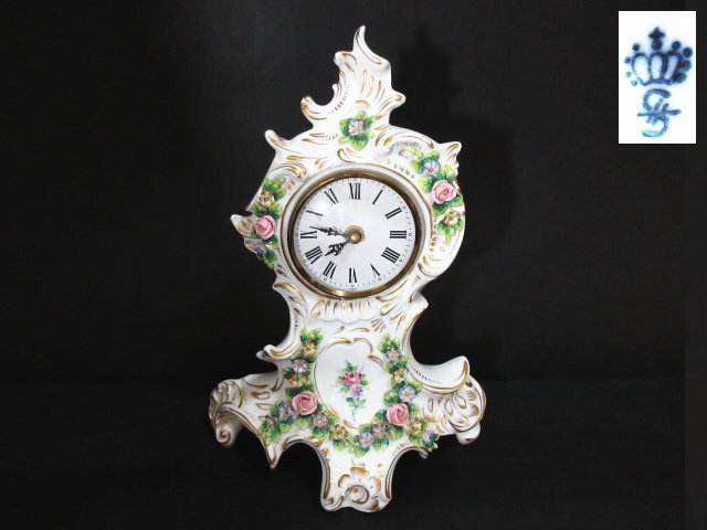 XU474△アンティーク/置時計/陶花/ハンドメイド/ 1/100 /1996 /作者名あり/高さ31x最大幅23x奥行10cm/インテリア オブジェ 置物 / 現状渡し