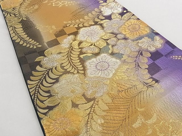 正絹　スワトウ刺繍袋帯　六通帯　お太鼓柄 平和屋-こころ店◎六通柄袋帯 草花文 金糸 正絹 逸品 AAAF0981Bnf 逸品