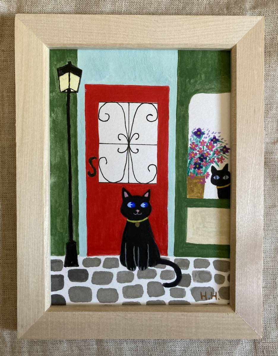 黒猫のイラスト☆ 直筆 アクリル画 ネコの絵 ハンドメイド ヨーロッパ