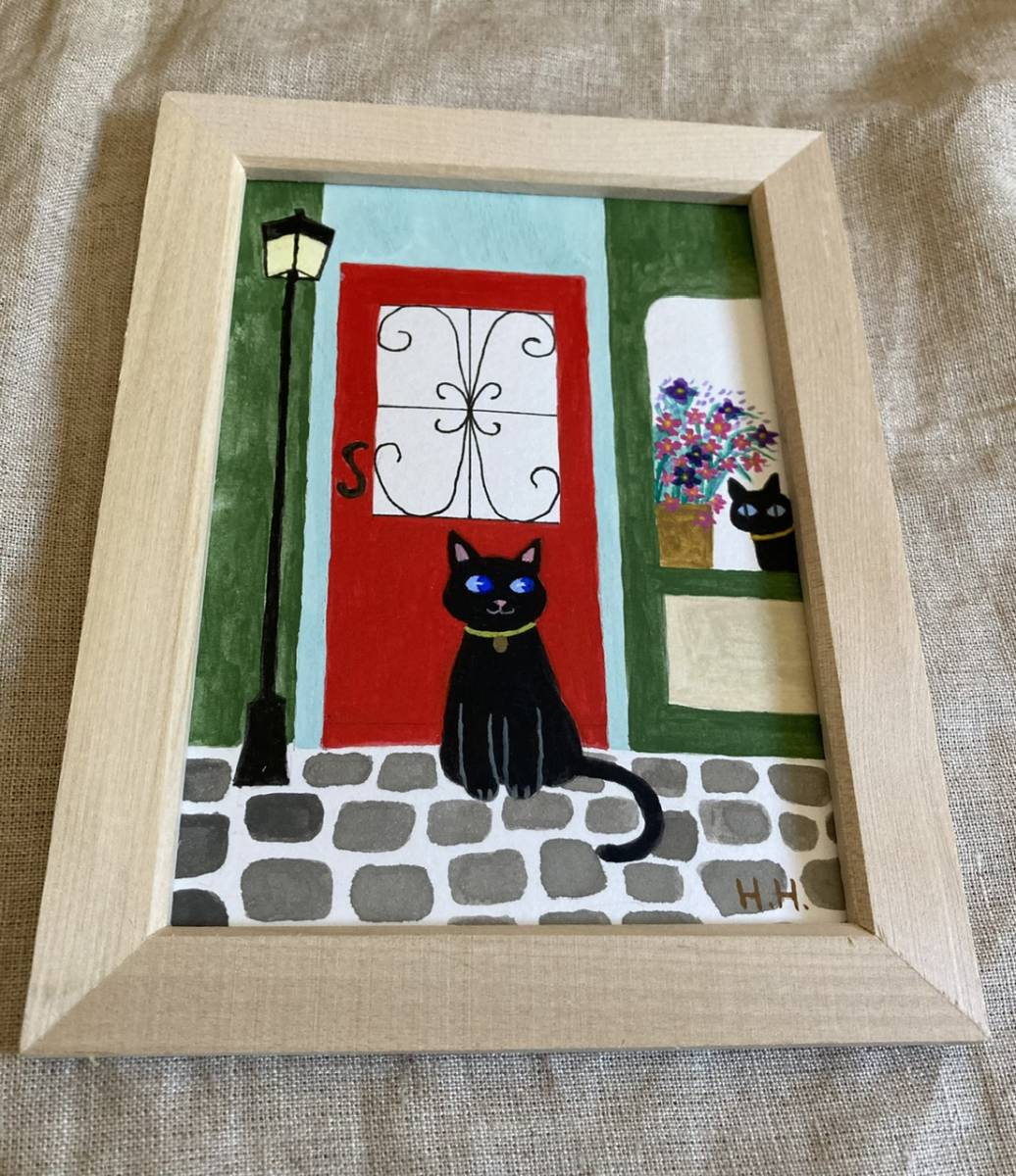 黒猫のイラスト☆ 直筆 アクリル画 ネコの絵 ハンドメイド ヨーロッパ