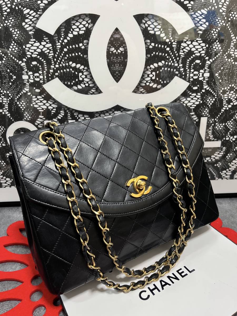 ◆◇ 極上美品！ シャネル CHANEL ヴィンテージ マトラッセ デザインフラップ シングルフラップ ブラック × ゴールド 408 ◇◆