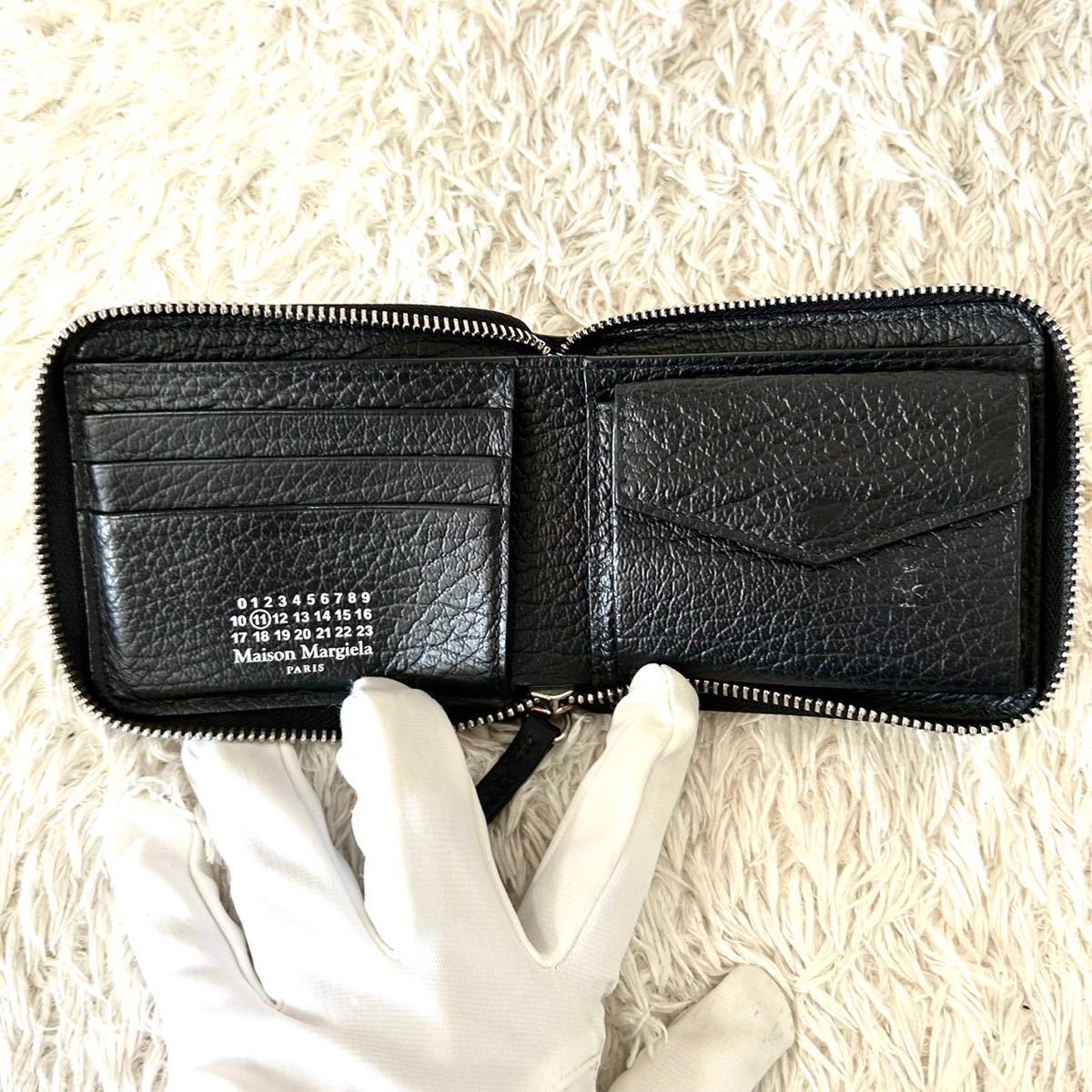 極美品 メゾンマルジェラ レザー 折り財布 ホック ファスナー ブラック