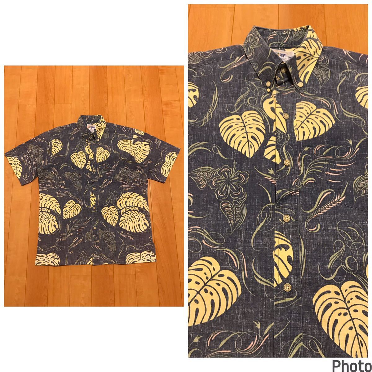 良品☆Reyn Spooner／レインスプーナー サイズM大き目.日本L-XL並 半袖BDシャツ型アロハシャツ 水着ビキニタグ 葉他リバースプリント総柄！