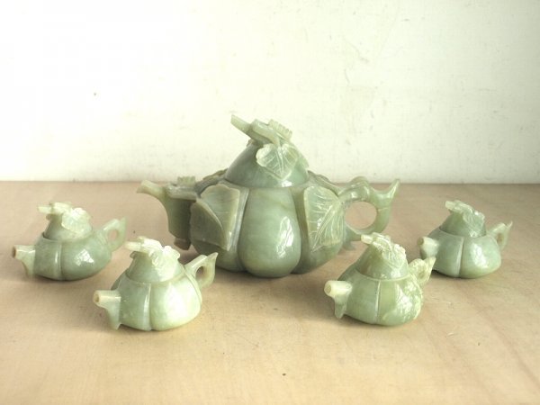 翡翠玉石急須セット 茶器 茶道具 水滴 水差し 彫刻 中国美術 工芸 置物 