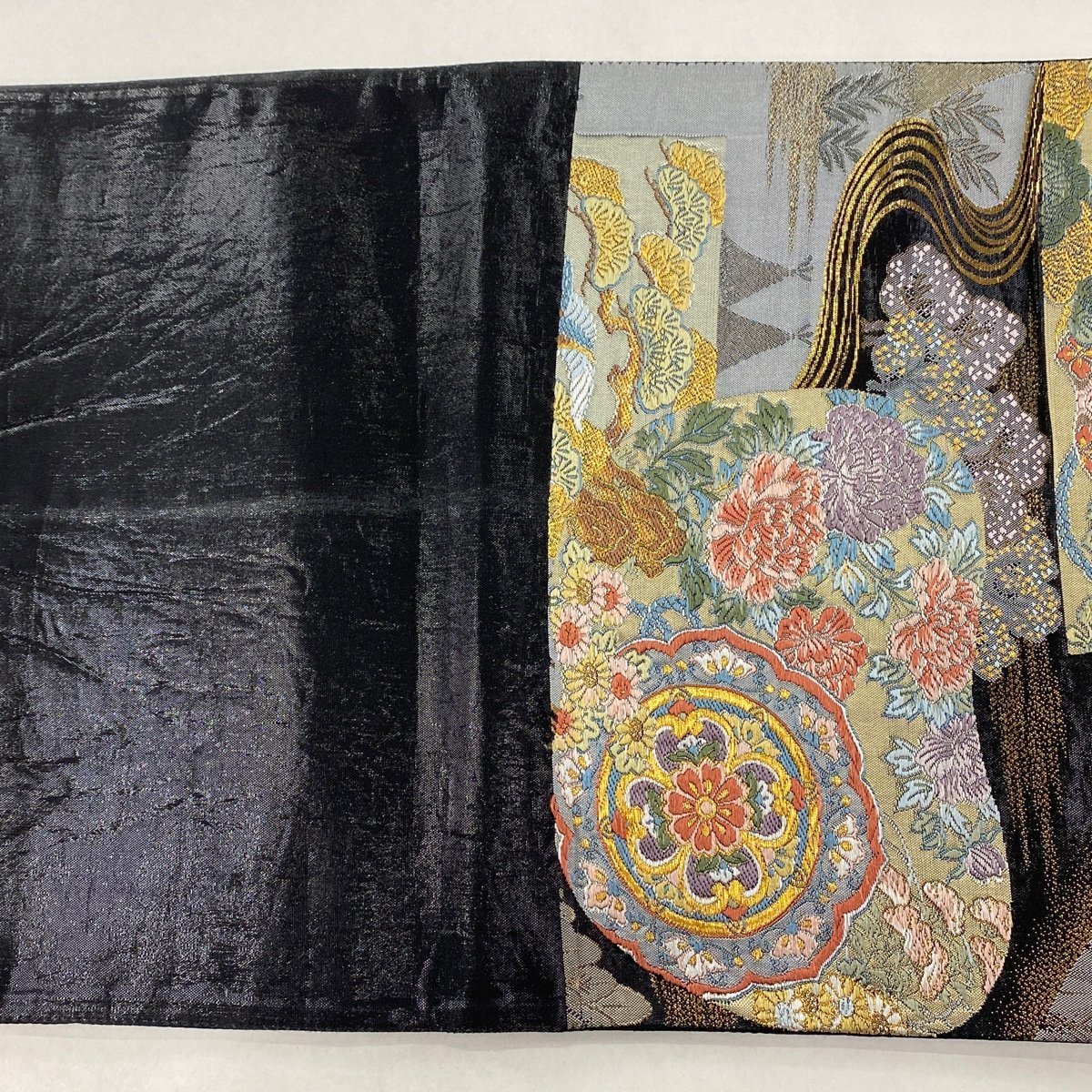 袋帯 美品 秀品 鶴 華文 金糸 箔 灰色 六通 正絹 中古 袋帯 秀