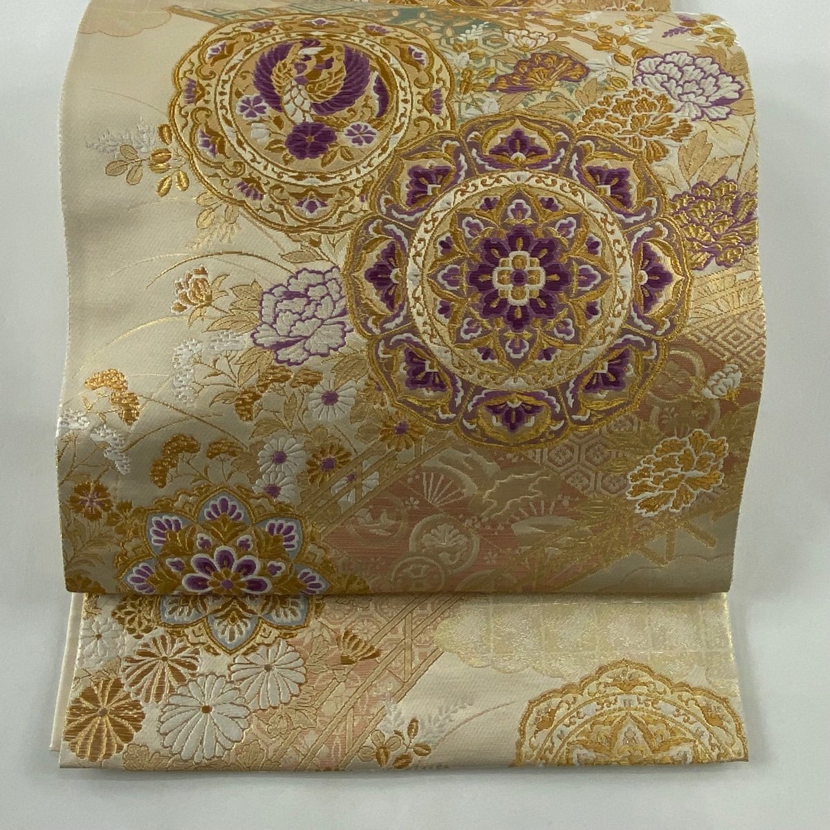安い，HOT 袋帯 美品 名品 落款 じゅらく帝王紫 華文 鳥 金糸 箔 金色 六
