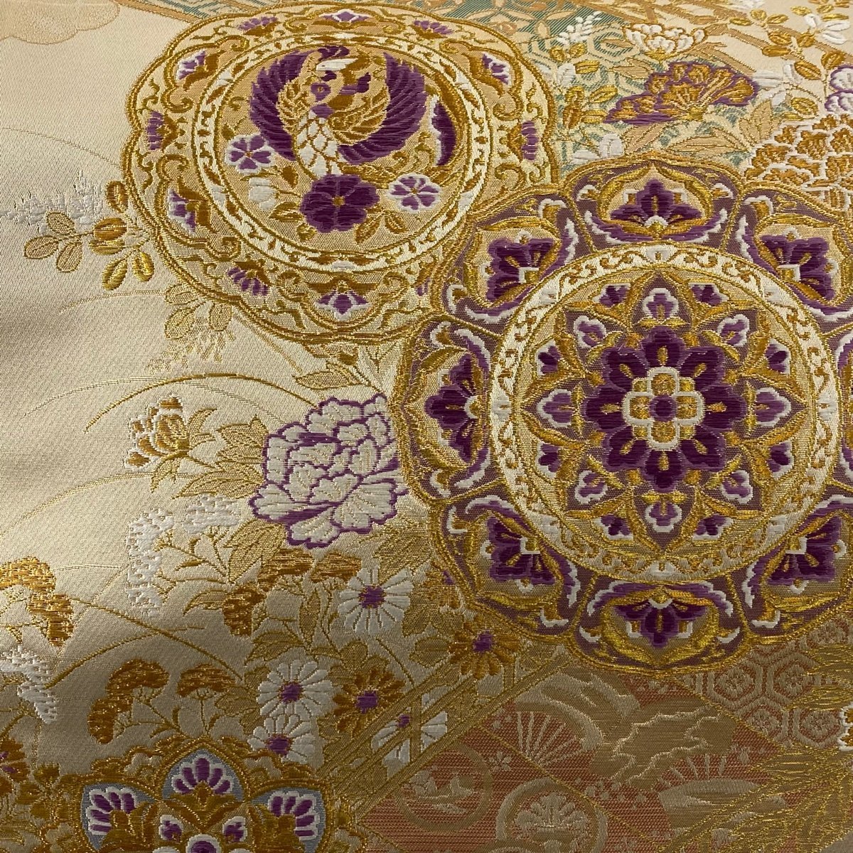 安い，HOT 袋帯 美品 名品 落款 じゅらく帝王紫 華文 鳥 金糸 箔 金色 六