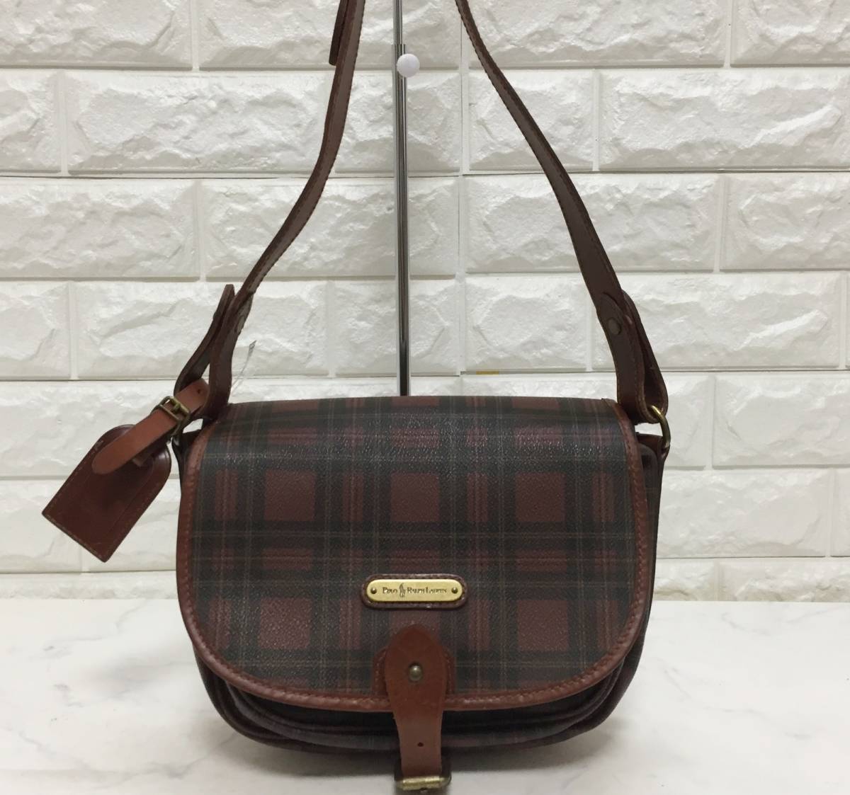 no16081 POLO RALPH LAUREN ポロラルフローレン レザー PVC チェック柄 斜め掛けショルダー バッグ ポシェット