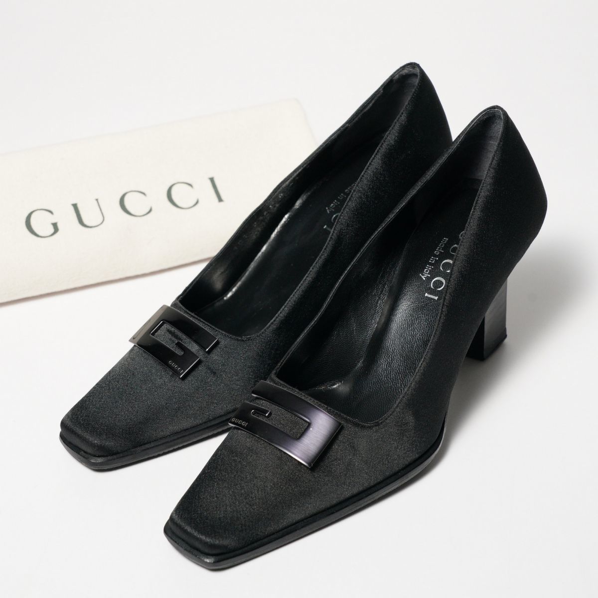 GO0515△*イタリア製*GUCCI グッチ*35C（22cm相当）Gロゴ*サテン*スクエアトゥ*パンプス/靴*ブラック系*保存袋付属