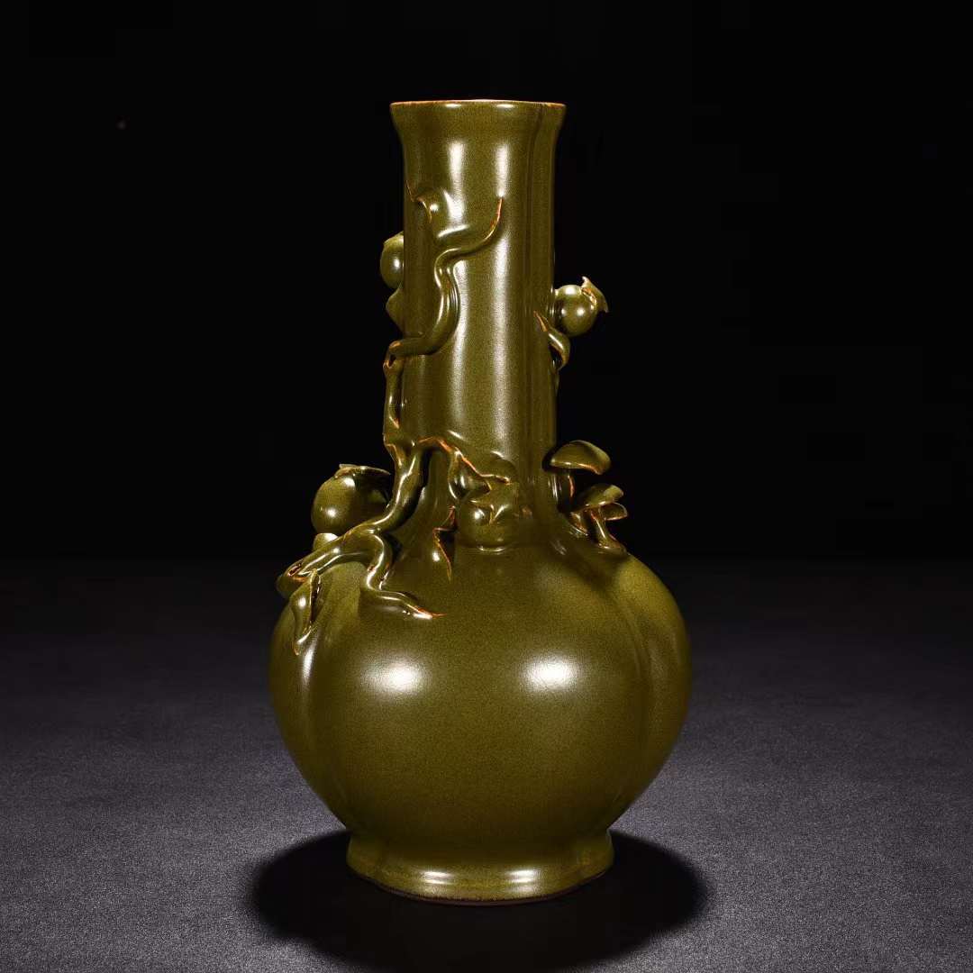 清乾隆 茶葉末釉 福寿霊芝如意紋瓶 唐物 中国美術 工芸