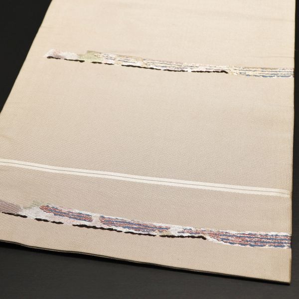 10533【秀品】正絹 9寸名古屋帯 モダン抽象模様 織り出し 暗めの亜麻色 