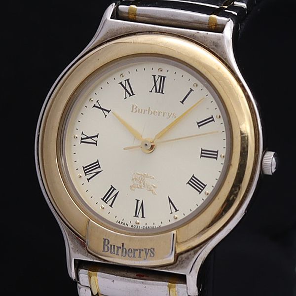 1円 稼働 良品 バーバリー QZ 6031-G03600 ゴールド文字盤 ローマン ラウンド メンズ腕時計 RPA9292000SMD