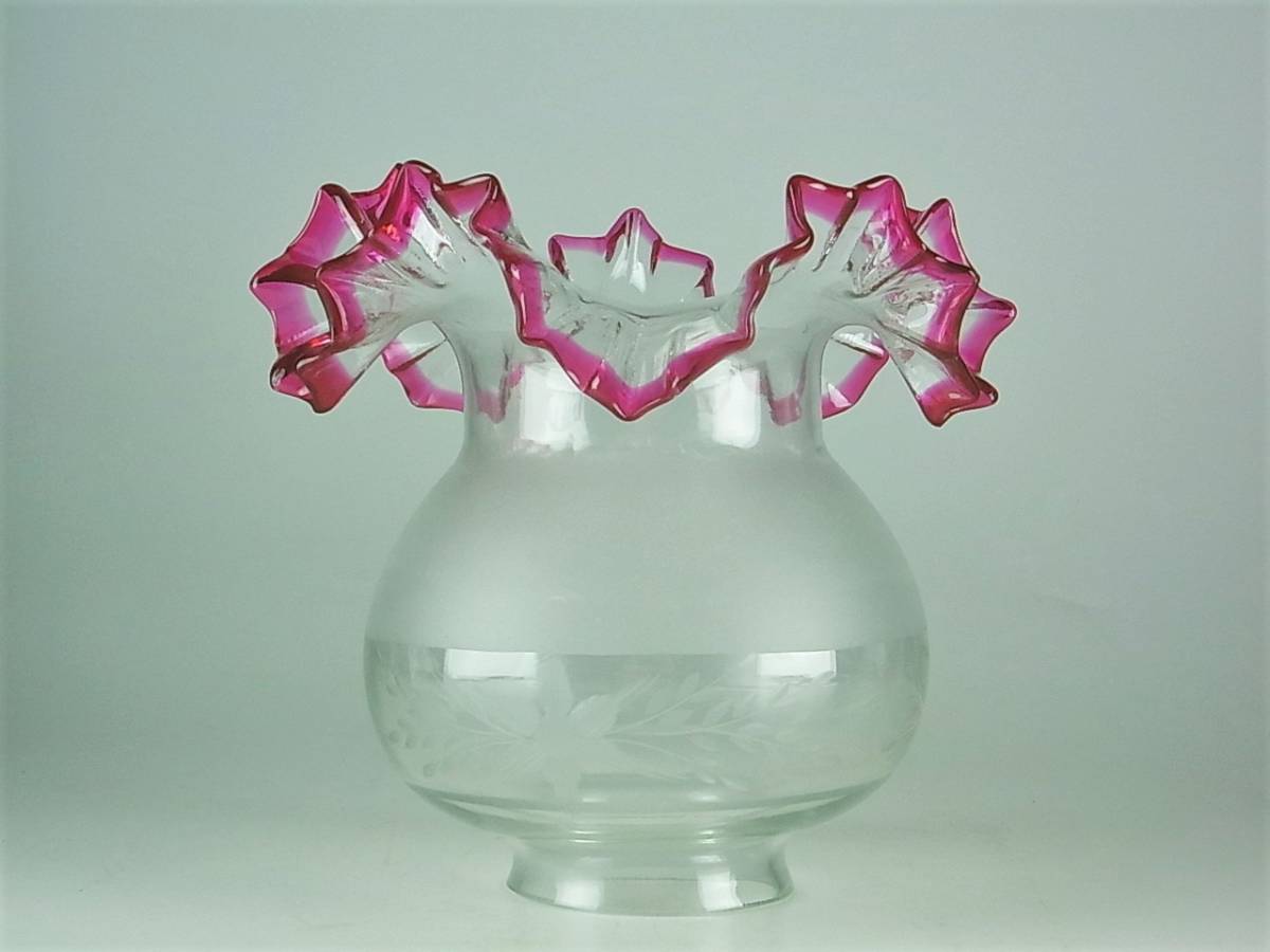 花瓶 花入れ 高さ18.7 名品 ☆大正時代 金赤ガラス 掻き揚げ文様 和