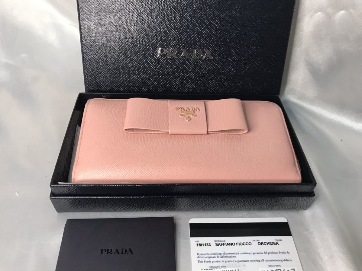 超美品PRADA プラダ 長財布 L字ファスナー リボン ORCHIDEA ふ