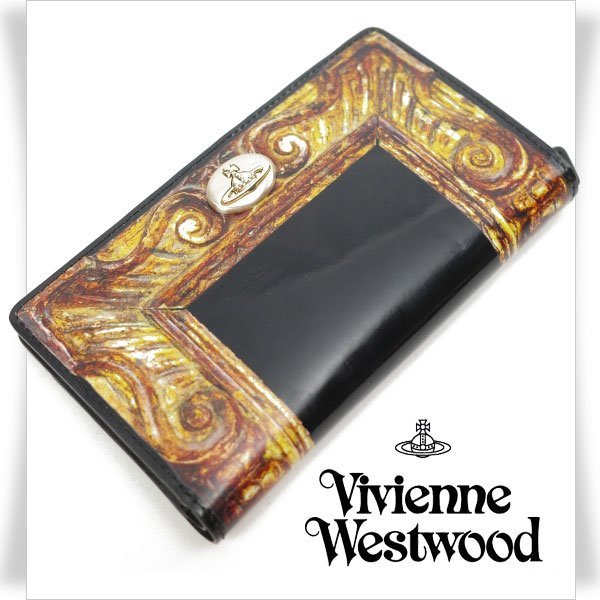 未使用1円～★定価2.7万 Vivienne Westwood ヴィヴィアンウエストウッド 牛革エナメルレザー 二つ折り財布 黒 正規店本物◆6625◆