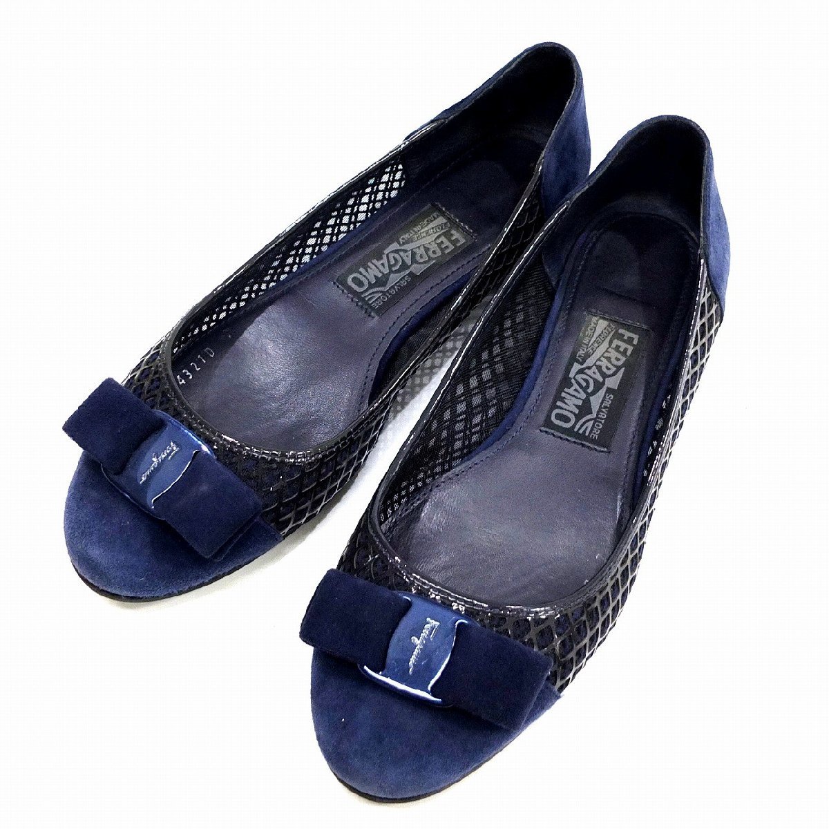 Salvatore Ferragamo サルバトーレ フェラガモ ヴァラ パンプス ネイビー スエード メッシュ サイズ7 ヴァラリボン【中古】JA-16767