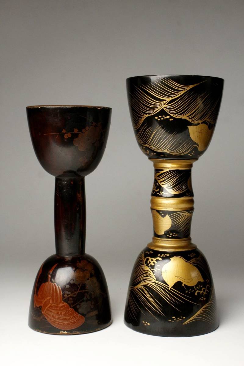 LIG】時代 大鼓 小鼓 二点 江戸期 重義花押 他在銘 鼓皮 蒔絵胴 波千鳥