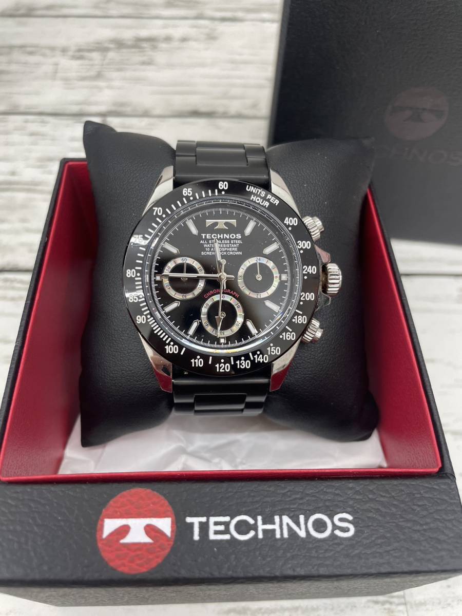 SEIKO セイコー TECHNOS テクノス クロノグラフ 黒文字盤 ブラック シルバー 腕時計 金属ベルト 箱，付 属品有 不動 替えベルト付【1774】
