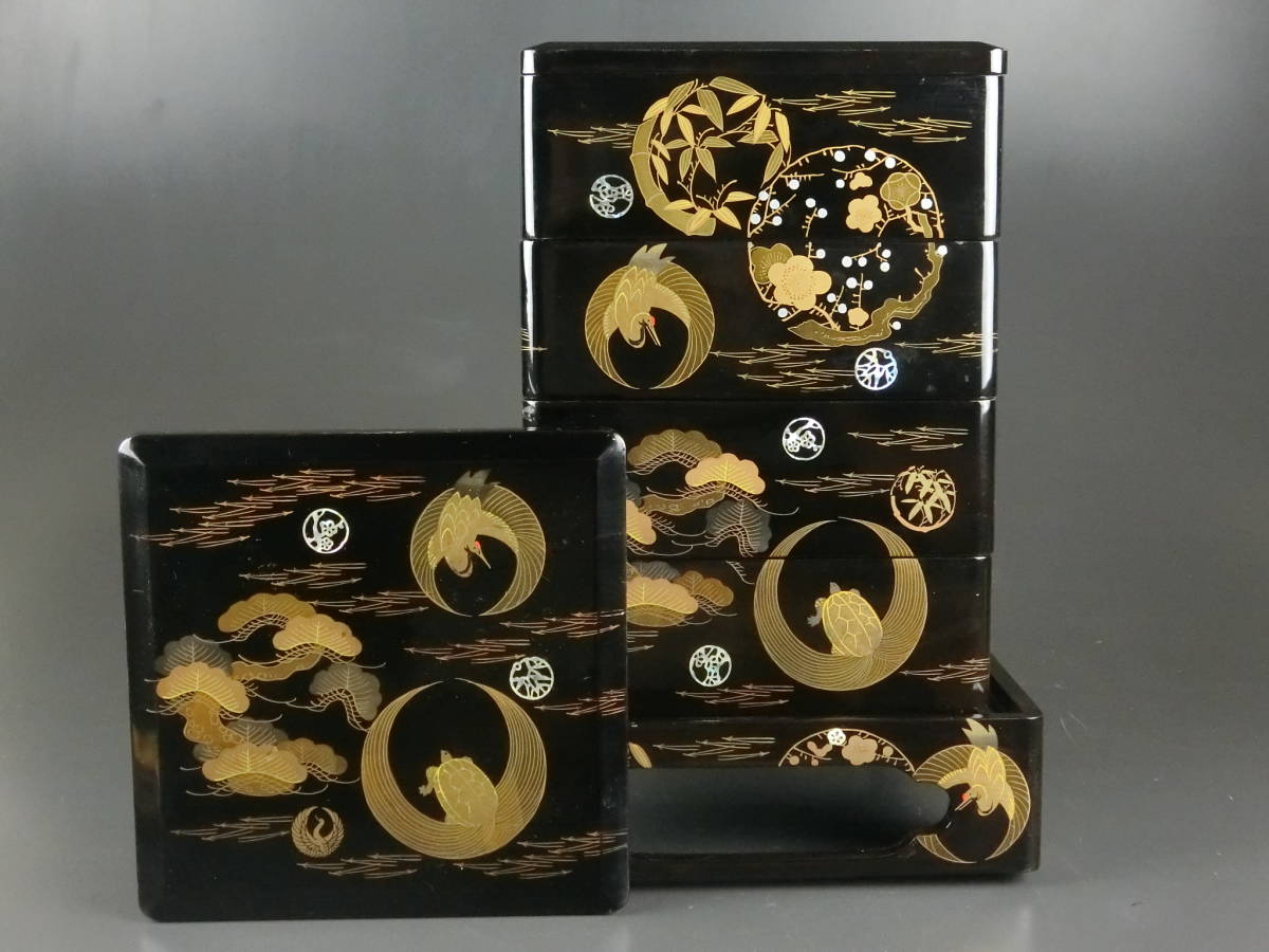 時代 木製 漆塗 蒔絵 螺鈿入 四段重箱 箱入り サイズ 【公式通販】