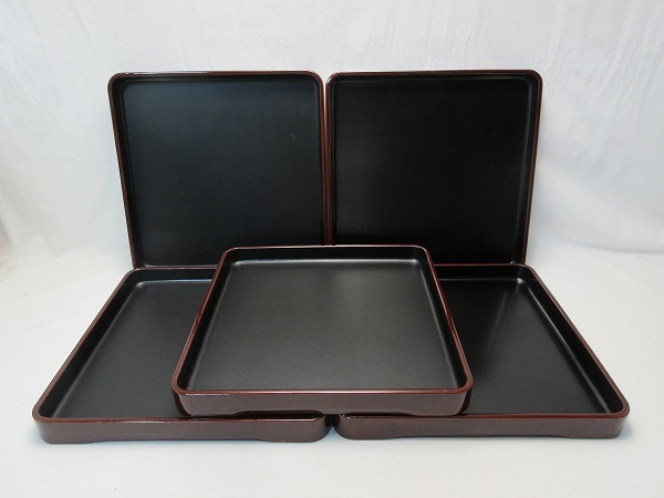 I07719 【 懐石道具 本手家具師 町田久作 木製溜塗 二度塗 四方膳 5客揃 平膳 箱無 】 検) 煎茶道具 茶道具 骨董 和物 来客 懐石盆 ⅲ 