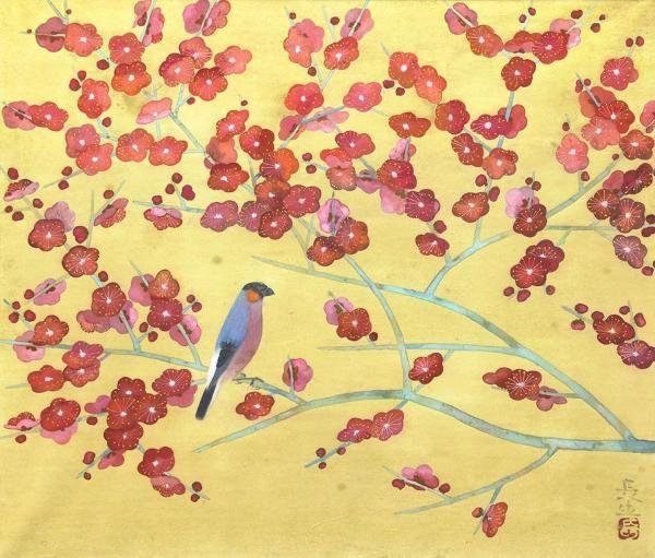 真作】【WISH】秋葉長生「紅梅」日本画 10号 共シール 花鳥図 〇日展