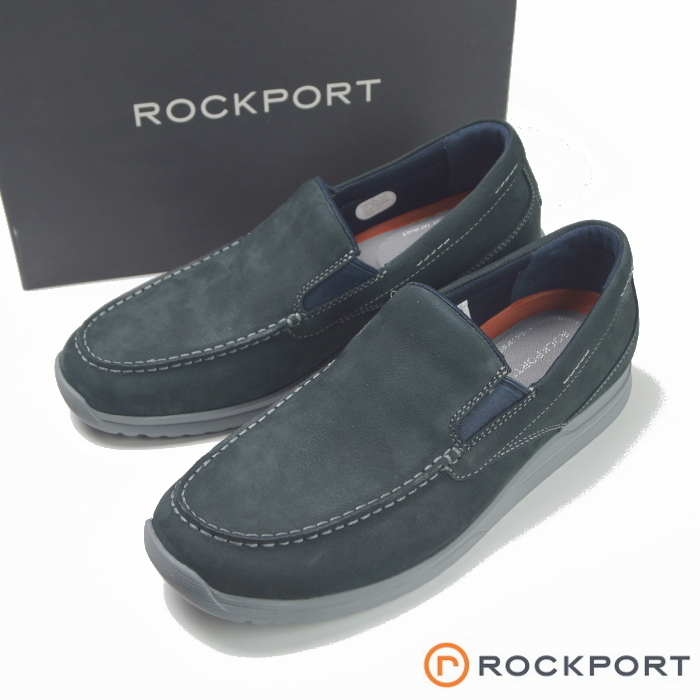 【新品・箱付】ロックポート ROCKPORT《ラングドン モック トゥ》軽量・上質本革 モック スリッポン ウォーキング シューズ 25cm 紺