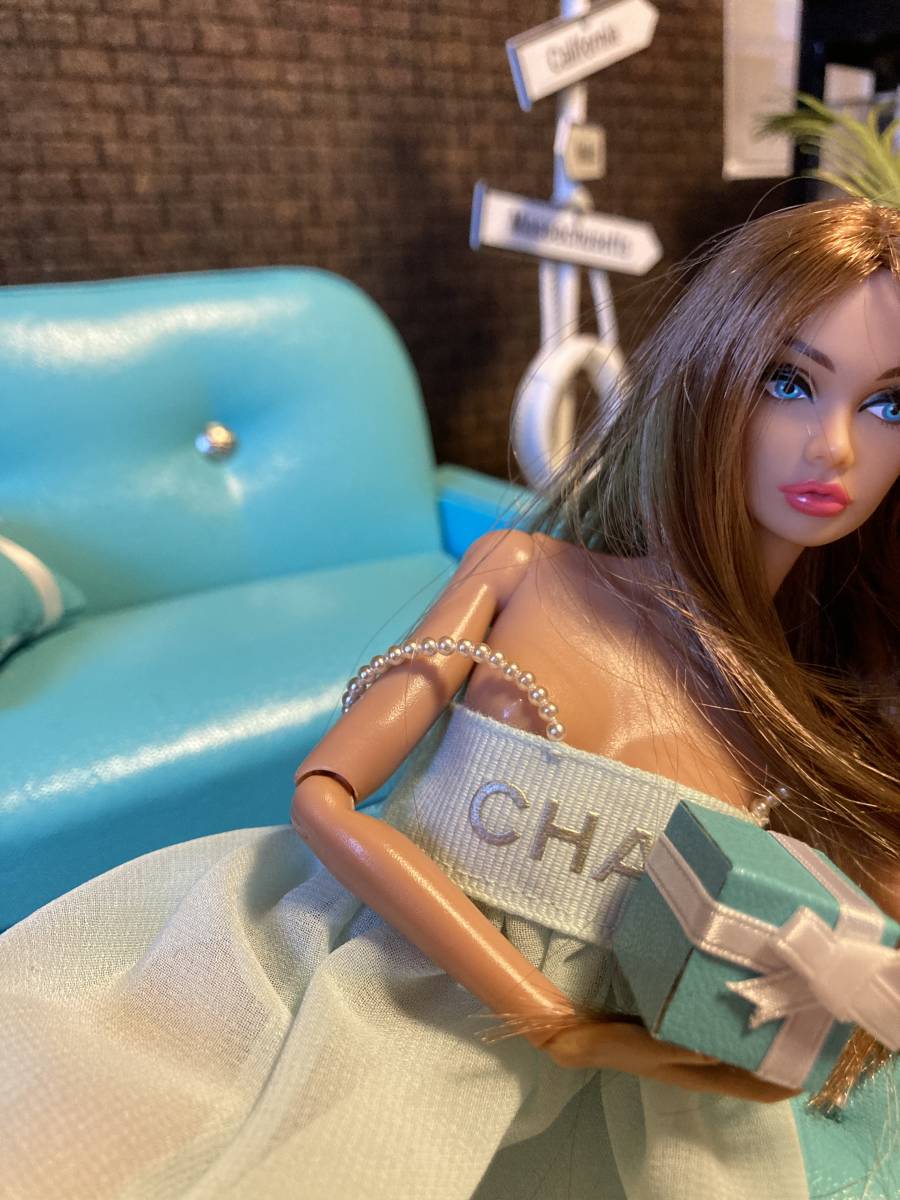 【Tiffany Blue】Wソファ・オットマン・クッション2個・小箱　ハンドメイド　ミニチュア　poppy parker・バービー・momoko・リカなど 1/6
