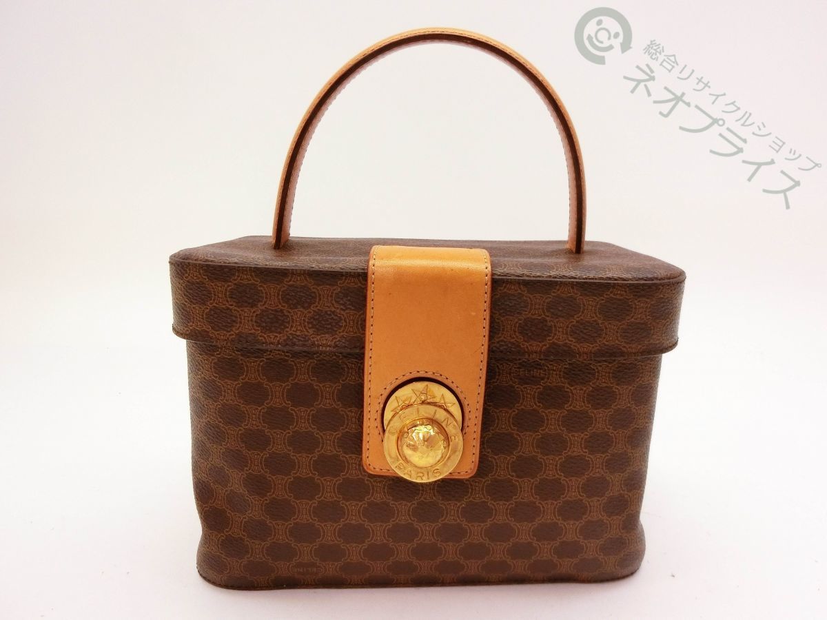 ◆S7810 CELINE セリーヌ スターボールロック金具 マカダム柄 PVC × レザー バニティ ハンド バッグ