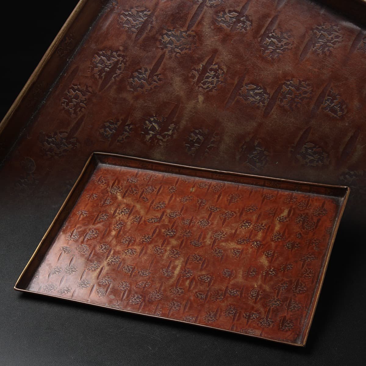 HZ927 時代 銅打出煎茶盆 幅24.6cm 重250g・銅長方煎茶盆・銅茶盤・香盆 煎茶道具