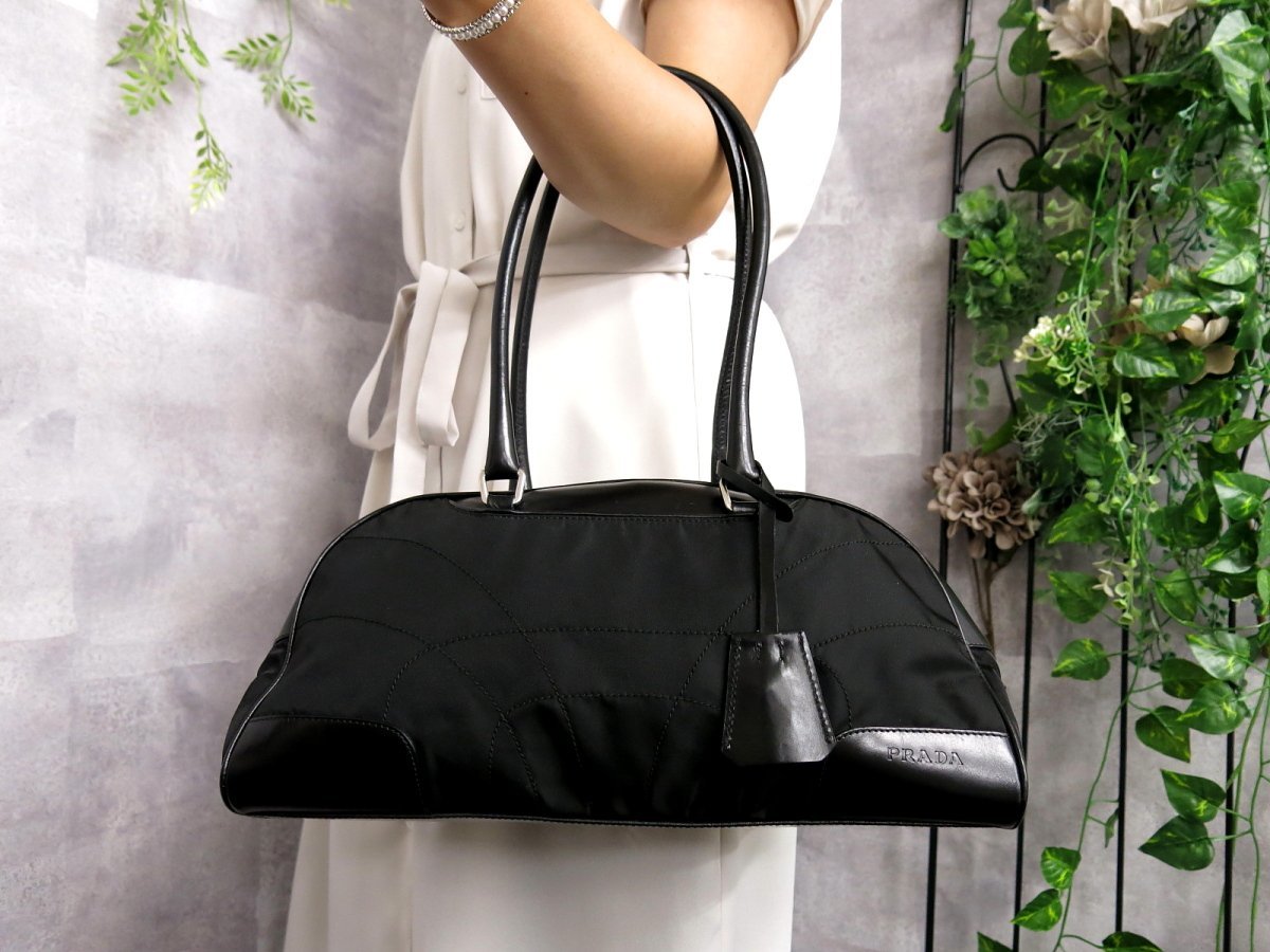 超美品●PRADA プラダ●ポコノ ナイロン カーフ レザー 本革●トート ショルダー バッグ●黒●シルバー金具●イタリア製●肩掛け●Js39555