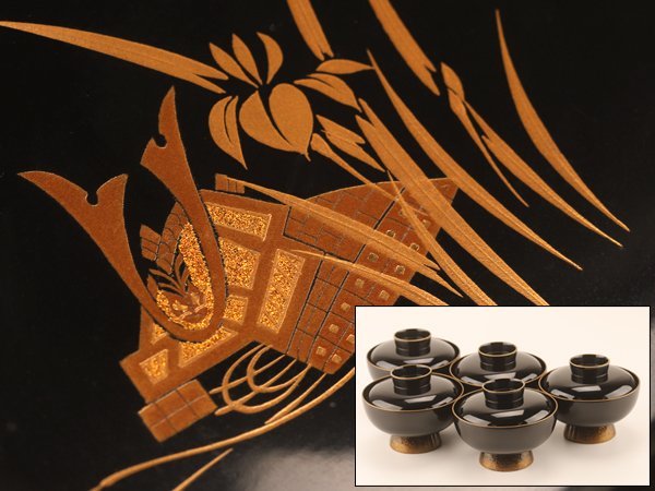 流】時代漆器 黒塗見返図替蒔絵吸物椀五客 DF653