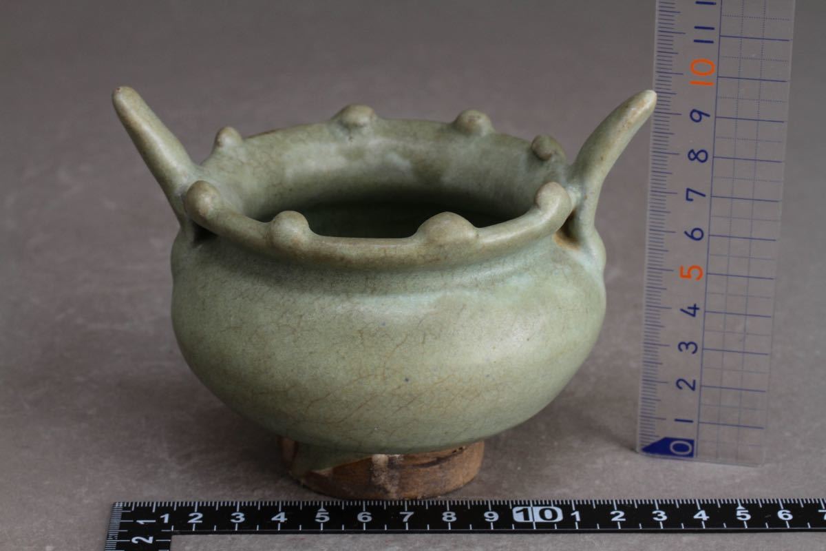 古】o355 青磁双耳香炉 時代 唐物 青磁 □立派な造形！鈞窯青磁雙耳三