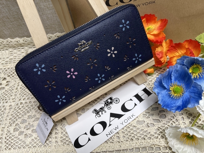 COACH 長財布 コーチ 財布 シグネチャー 花柄 パンチングネイビー系