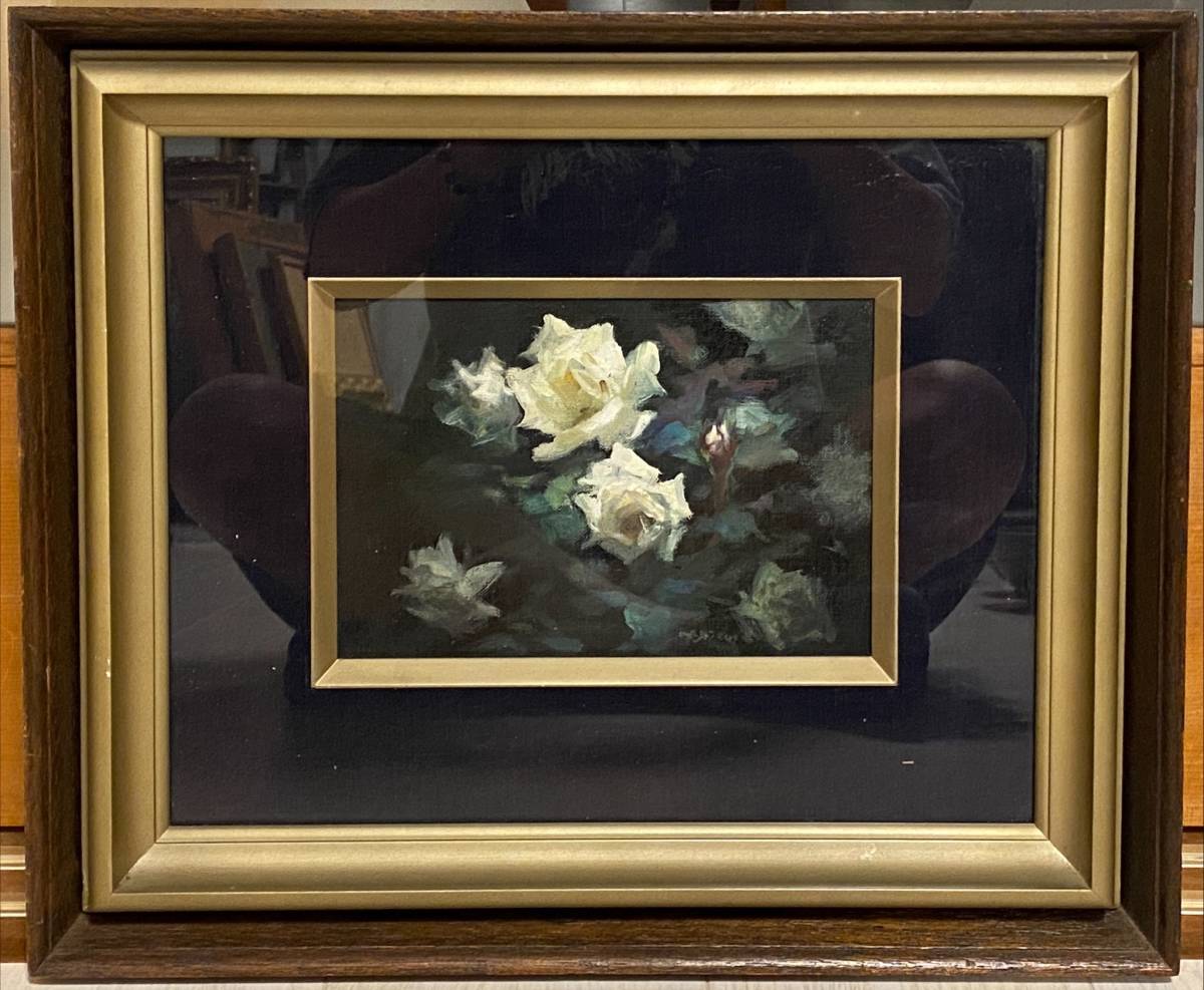 油彩額縁入り 静物画 花瓶と薔薇 kyokoサイン 油彩額縁入り 静物画